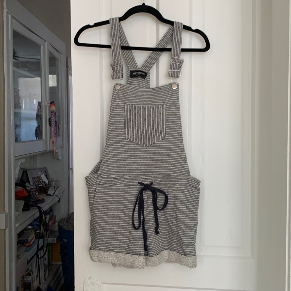 Kittenish short overalls. Size medium. Navy and white stripes. Never worn!